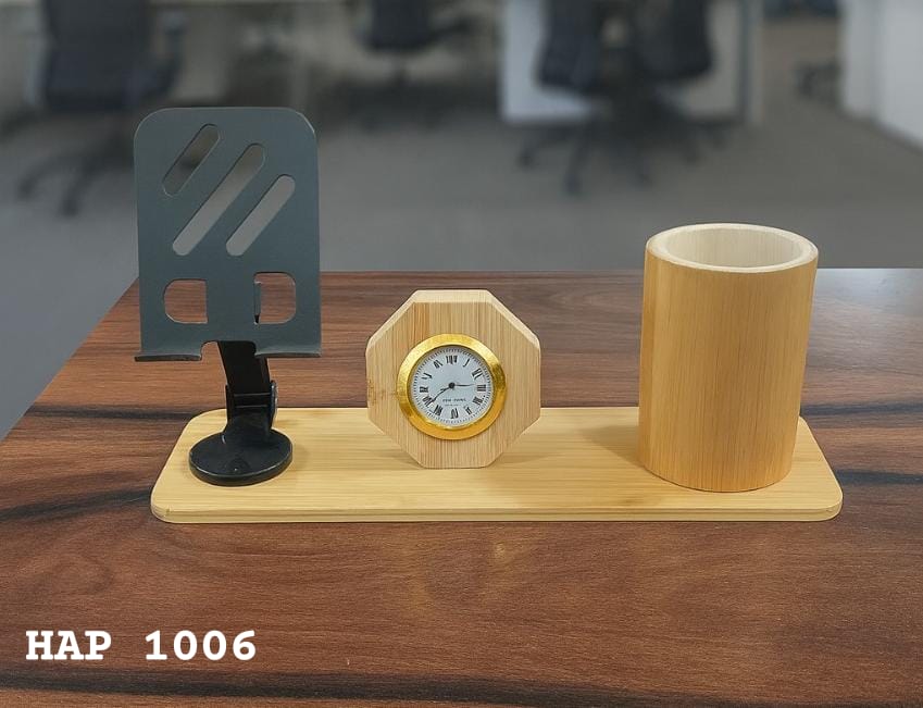 Bamboo Desk Organizer with Mobile Stand, Pen Holder & Analog Clock